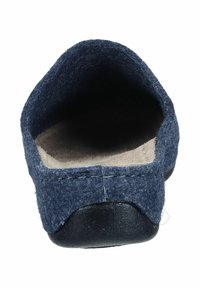 Navy blue felt slipper with a soft beige insole and a black rubber sole. Rounded toe and seamless edges provide a clean design.
