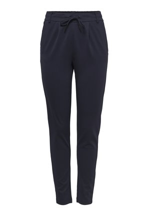 Pantalons de jogging navy en tissu extensible avec une taille à cordon, des jambes fuselées et des poches latérales. Texture lisse avec un minimum de détails.