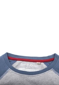 Grå t-shirt med blå raglanærmer. Har en rød detalje ved halsudskæringen og et label med brand og plejeinstruktioner synligt indeni.