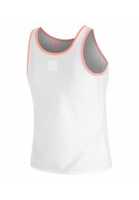White tank top featuring a mesh fabric with orange accents at the neckline and armholes, designed for comfort and breathability.