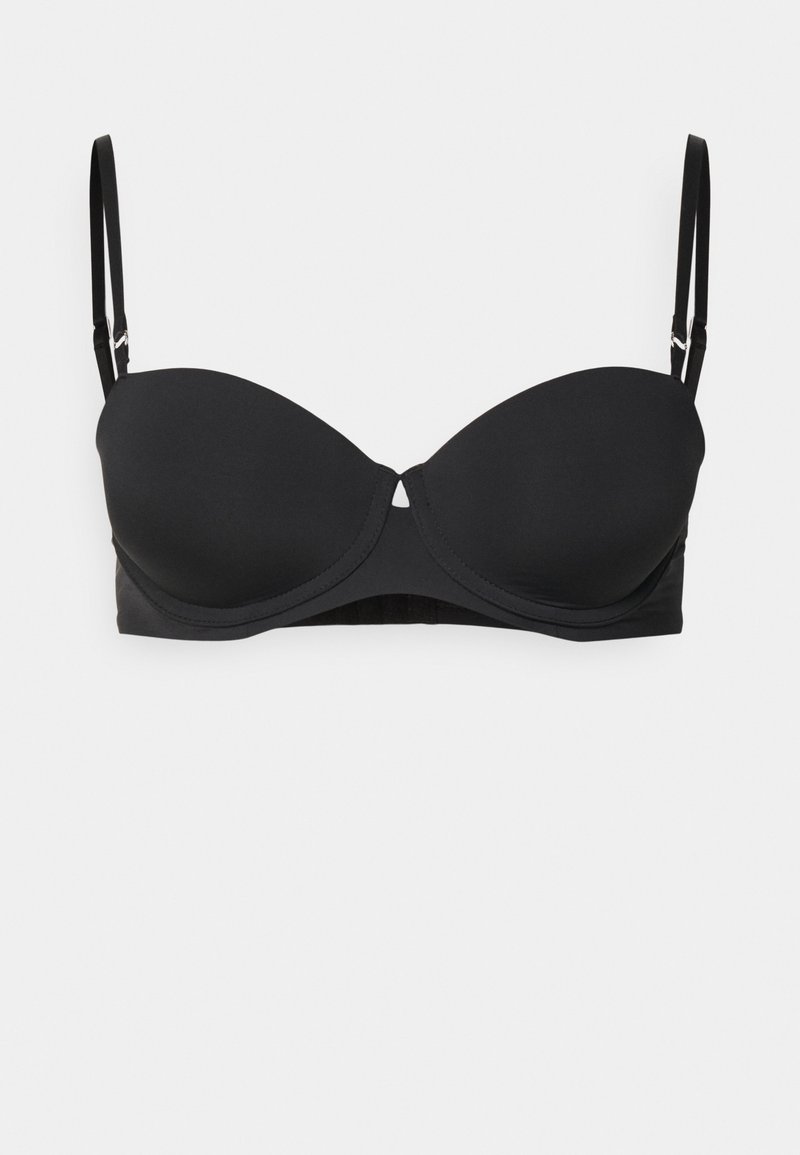 Schwarzer gepolsterter Unterbrust-BH mit verstellbaren Trägern, glattem Stoff und einem kleinen Ausschnittdetail in der Mitte vorne. Verschluss auf der Rückseite mit Haken.