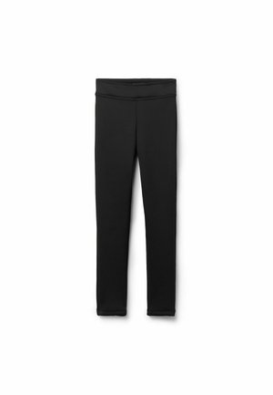Leggings noirs en matériau extensible et lisse. Dotés d'une taille haute et d'une coupe ajustée, sans motifs ni accents visibles.