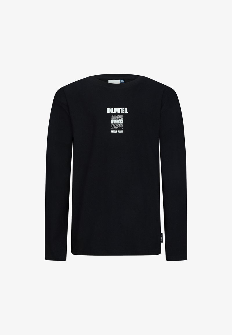 Czarna koszulka z długim rękawem wykonana z bawełny, z centralnym białym nadrukiem graficznym z napisem "UNLIMITED" oraz marką "RETOUR JEANS."
