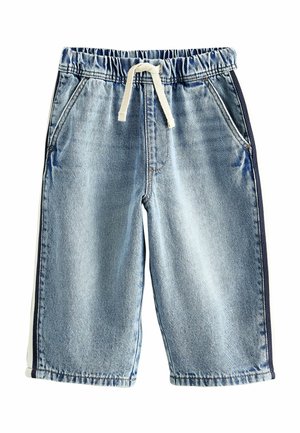 Light blue denim shorts with elastic waistband, white drawstring, side pockets, and dark side stripes.