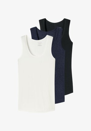Trois débardeurs en coton sans manches superposés, couleurs de l'avant vers l'arrière : blanc, bleu marine et noir, tous avec des encolures rondes.