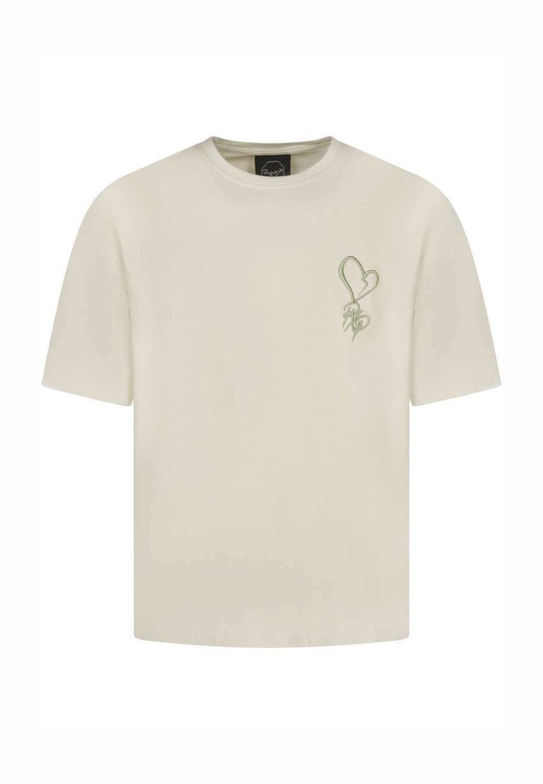 Camiseta de algodón color crema con mangas cortas, que presenta un gráfico de corazón verde y un logo en el lado izquierdo. Corte regular.