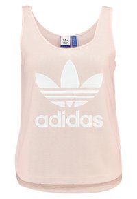 Rosa nät-topp med vitt Adidas-logotyp och bladdsdesign. Har rund halsringning och är ärmlös, perfekt för avslappnad klädsel.