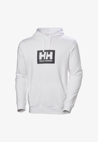 Sudadera con capucha blanca de Helly Hansen con bolsillo frontal, capucha con cordón y logotipo negro de HH centrado en el pecho.