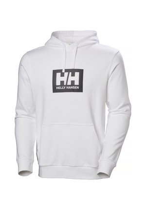 Sudadera con capucha blanca de Helly Hansen con bolsillo frontal, capucha con cordón y logotipo negro de HH centrado en el pecho.