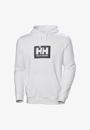 Sudadera con capucha blanca de Helly Hansen con bolsillo frontal, capucha con cordón y logotipo negro de HH centrado en el pecho.