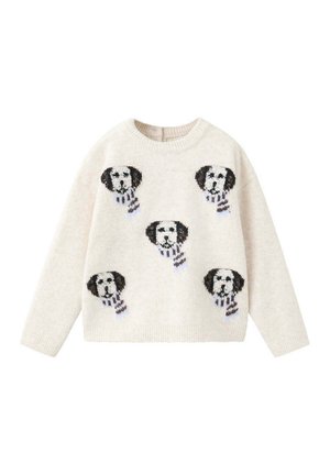 Pull en maille couleur crème avec cinq visages de chiens noir et blanc portant des écharpes rayées, motif sur le devant.