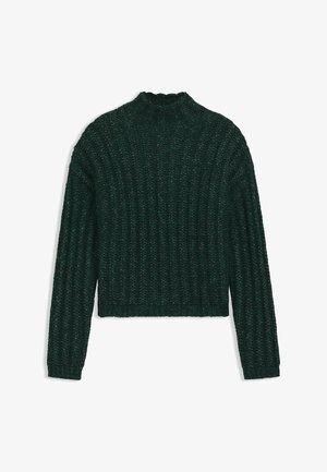 Dunkelgrüner gestrickter Pullover mit hohem Kragen, geripptem Muster und langen Ärmeln. Verfügt über ein kurzes Design und eine subtile Farbvariation.