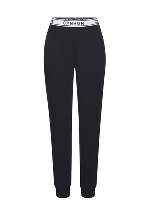 Black jogger pants made of smooth fabric, featuring a white waistband with "CPNHGN" logo. Straight leg design, no visible patterns or accents.