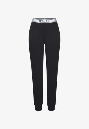Schwarze Jogginghosen aus glattem Material, mit einem weißen Bund mit dem "CPNHGN"-Logo. Gerades Bein Design, keine sichtbaren Muster oder Akzente.