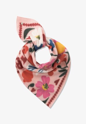 Roze stoffen bandana met groene, rode, witte, paarse en gele bloemenpatronen, gevouwen en in het midden geknoopt.
