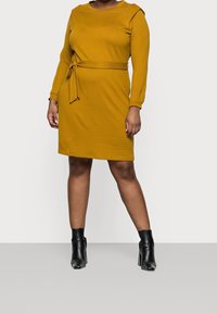 Robe jaune moutarde à manches longues avec un col rond, taille ceinturée et fentes latérales, associée à des bottines noires à la cheville. Texture lisse.
