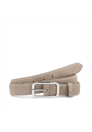 Light beige suede belt with rectangular silver buckle and multiple adjustment holes laid flat on white background.
