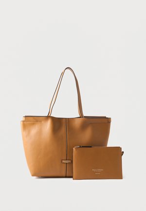Brown leather tote bag with two handles and a matching zipped pouch, both labeled "Marc O'Polo," on a plain white background.