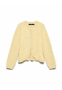 Cardigan beige en maille à manches longues avec encolure ronde, boutons sur le devant, poignets côtelés et ourlet arrondi.