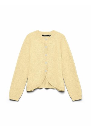 Cardigan beige en maille à manches longues avec encolure ronde, boutons sur le devant, poignets côtelés et ourlet arrondi.