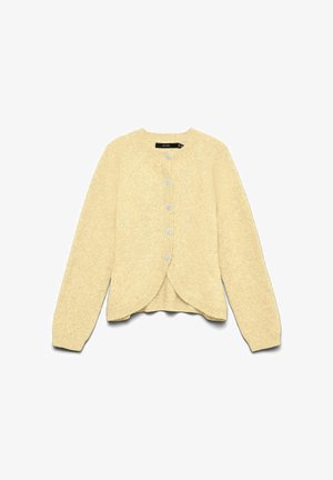 Smėlio spalvos megztinis kardiganas su ilgomis rankovėmis, apvalia iškirpte, priekine sagų eile, bryzginėmis rankogaliais ir išlenkta apačia.