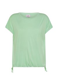Lysegrøn kortærmet t-shirt med rund halsudskæring, løs pasform og justerbar snor i nederste kant. Blød stoftekstur.