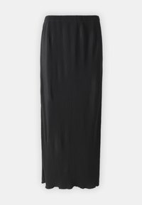 Fustă neagră plisată cu talie elastică, până la jumătatea gambei, textură netedă și fante pe lateral. Design minimalist fără accente suplimentare.