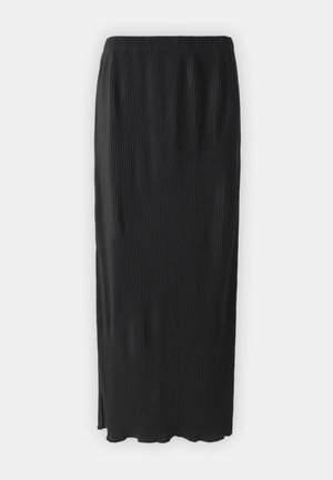 Svart plissert skjørt med elastisk midje, midt på leggen lengde, glatt tekstur og en sidespalte. Minimalistisk design uten tilleggselementer.