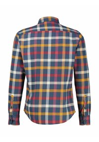 Geruite shirt met een kleurenpalet van blauw, rood, geel en wit. Gemaakt van stof met een zachte textuur, lange mouwen en knoopsluiting bij de manchetten.