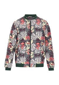 Bloemen bomberjack met een grijze basis, met levendige rode, gele en groene bladeren, geribbelde groene manchetten en zoom, ritssluiting.