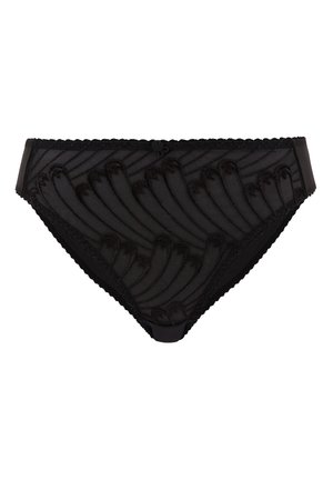 Slip bikini neri in pizzo semitrasparente con motivi astratti di piume ricamati e rifinitura smerlata lungo la cintura e gli orli delle gambe.