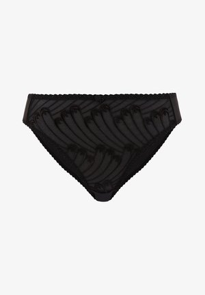 Slip bikini neri in pizzo semitrasparente con motivi astratti di piume ricamati e rifinitura smerlata lungo la cintura e gli orli delle gambe.