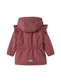 Dječja jakna dugih rukava u boji mauve s kapuljačom, detaljima na ramenima s nabranim rubom, elastičnim strukom i manžetama, prikazana straga na bijeloj podlozi.