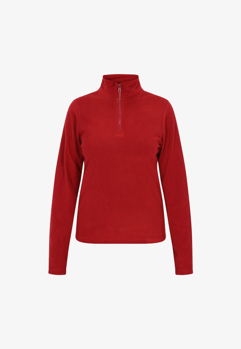 Piros bolyhos pulóver magas gallérral, hosszú ujjal és fél cipzáros záródással. Sima textúrájú és normál szabású. Nincsenek látható minták vagy logók.