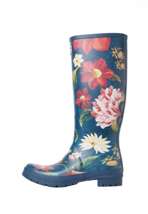 Hoge blauwe regenlaars met grote meerkleurige bloemenprints, waaronder rode, roze, witte bloemen en groene bladeren.