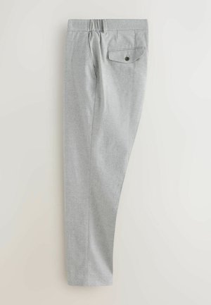 Gray trousers with a relaxed fit, elastic waistband, one back pocket with a button, and a soft, textured fabric.