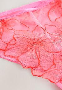 Culotte en dentelle rose avec broderie florale rouge, texture en maille transparente et ceinture élastique. Motifs floraux détaillés partout.