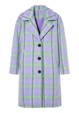 Lang uldfrakke med lilla og grønternet mønster, sorte knapper, brede slag og sidelommer.