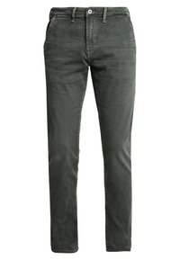 Zelené bavlněné kalhoty slim fit, s designem pěti kapes, zapínáním na knoflík a jemnou texturou. Obsahují pevné švy a poutka na pásek.