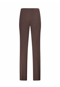 Pantalon marron à jambes droites avec une texture lisse, taille élastique et sans poches visibles. A l'arrière, deux lignes de couture pour un détail de tailleur.