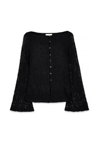 Schwarze Spitzenbluse mit langen Glockenärmeln, rundem Ausschnitt und vorderem Knopfverschluss. Filigrane Blumenmuster im gesamten Stoff.