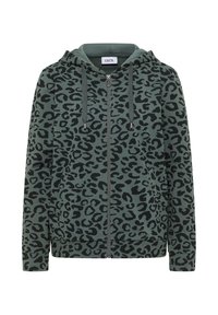 Felpa verde con zip caratterizzata da un motivo a stampa leopardata nera, cappuccio con cordini e polsini e orlo a coste. Tessuto morbido.