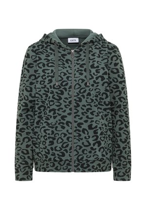Sudadera verde con cremallera y patrón de leopardo negro, capucha con cordones y puños y dobladillo acanalados. Textura de tela suave.