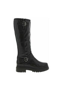 Botte en cuir noir montante jusqu'au genou, avec un bout rond, une fermeture éclair et un détail de boucle ajustable sur la tige. Semelle épaisse texturée pour une bonne adhérence.