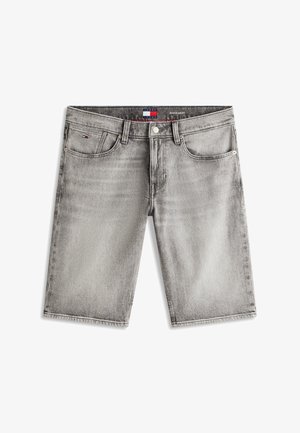 Graue Jeansshorts mit vorderer Knopfleiste, Gürtelschlaufen und zwei Fronttaschen, mit kleinem Logo auf der linken Tasche.