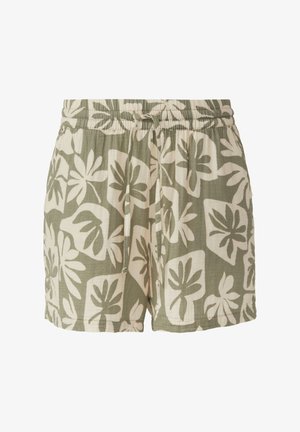 Lichte katoenen shorts met een groen en crèmekleurig botanisch patroon, een elastische tailleband, een verstelbare trekkoord en zijzakken.
