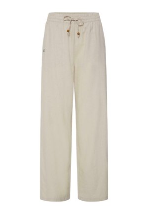 Pantalon beige à jambes larges avec taille élastique et cordon orné de perles en bois, présenté sur fond blanc.