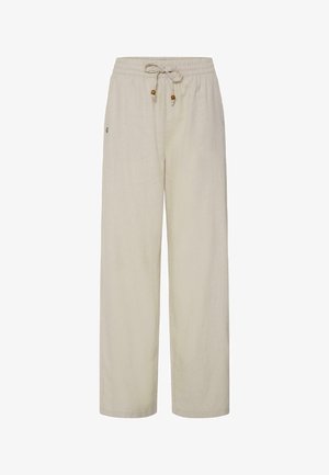 Pantalones beige de pierna ancha con cinturilla elástica y cordón con cuentas de madera, mostrados sobre fondo blanco.