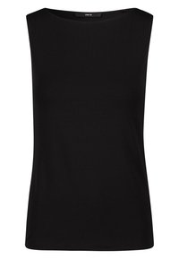 Top senza maniche nero realizzato in tessuto elastico. Presenta una linea dritta e un collo rotondo, con una texture liscia e un design minimalista.