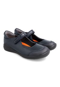 Zapatos Mary Jane azul marino con parte superior de cuero suave, frente texturizado, correa de velcro y forro acolchado naranja para mayor comodidad.